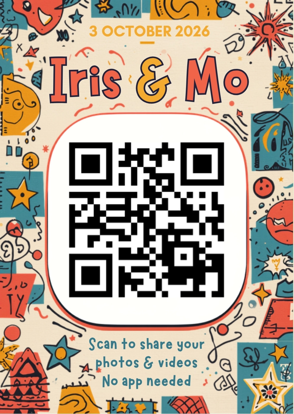 Eccentric maximalist wedding QR table card with playful doodles