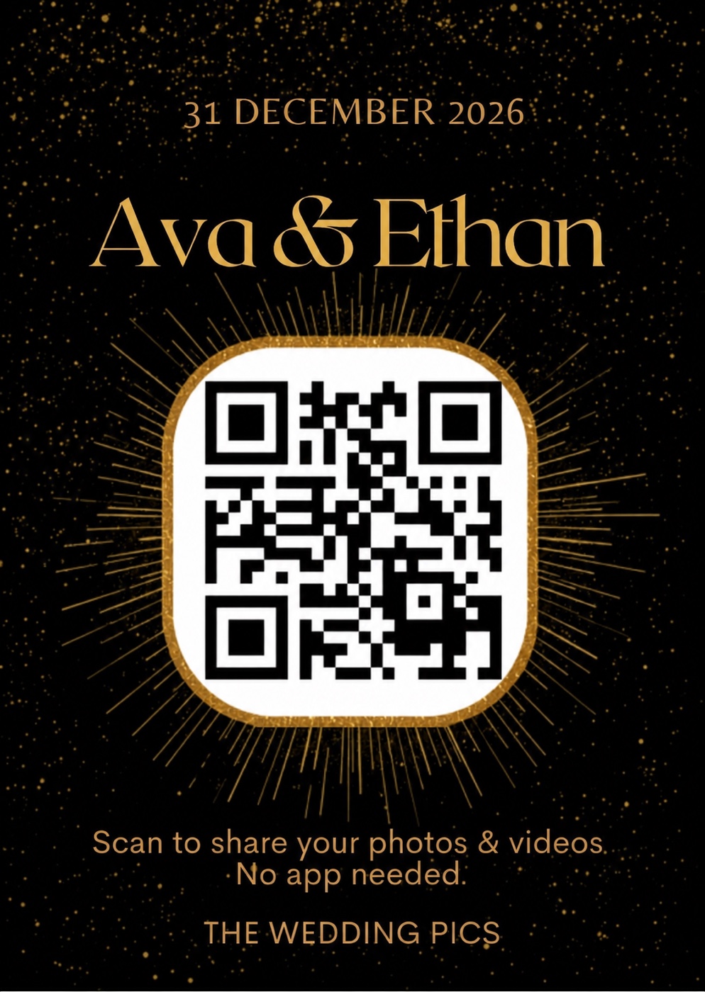 Flashy disco glam wedding QR table card in gold on black