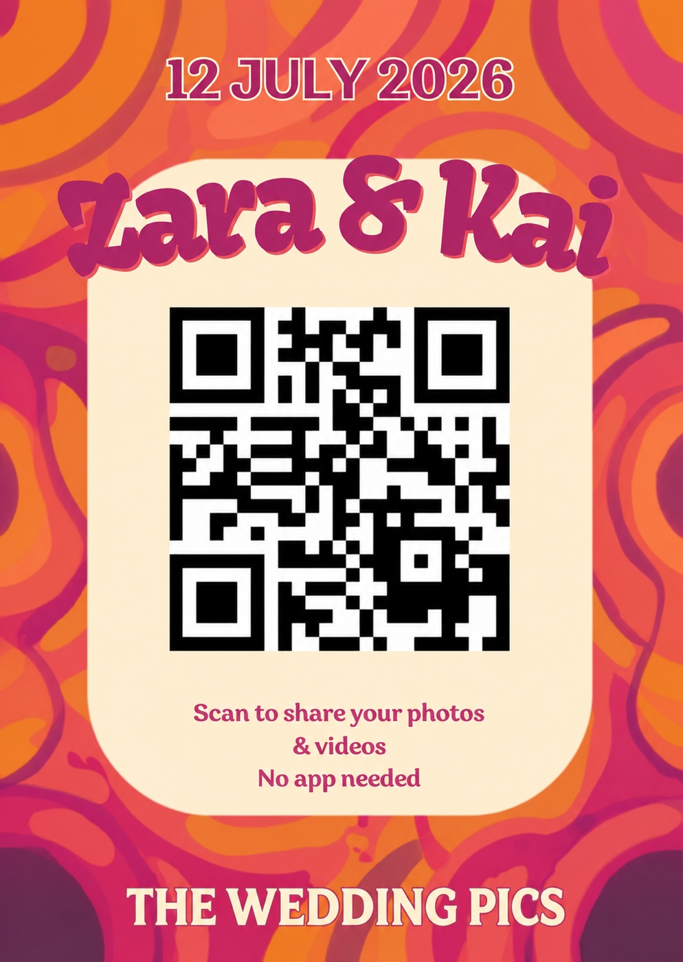 Funky retro seventies wedding QR table card in orange and pink