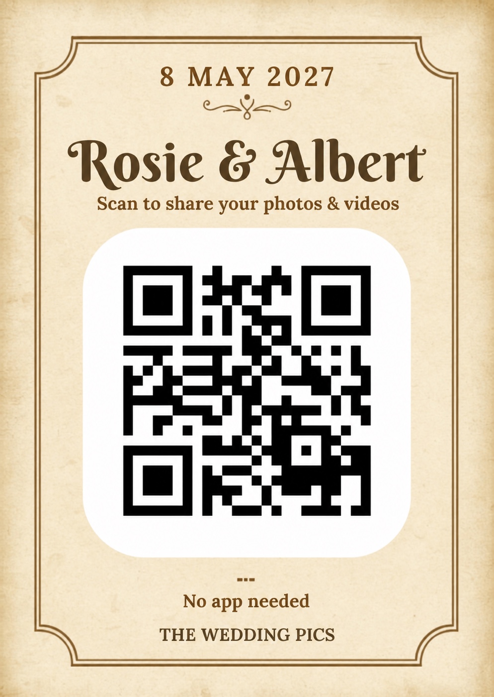 Old-school vintage wedding QR table card on aged paper
