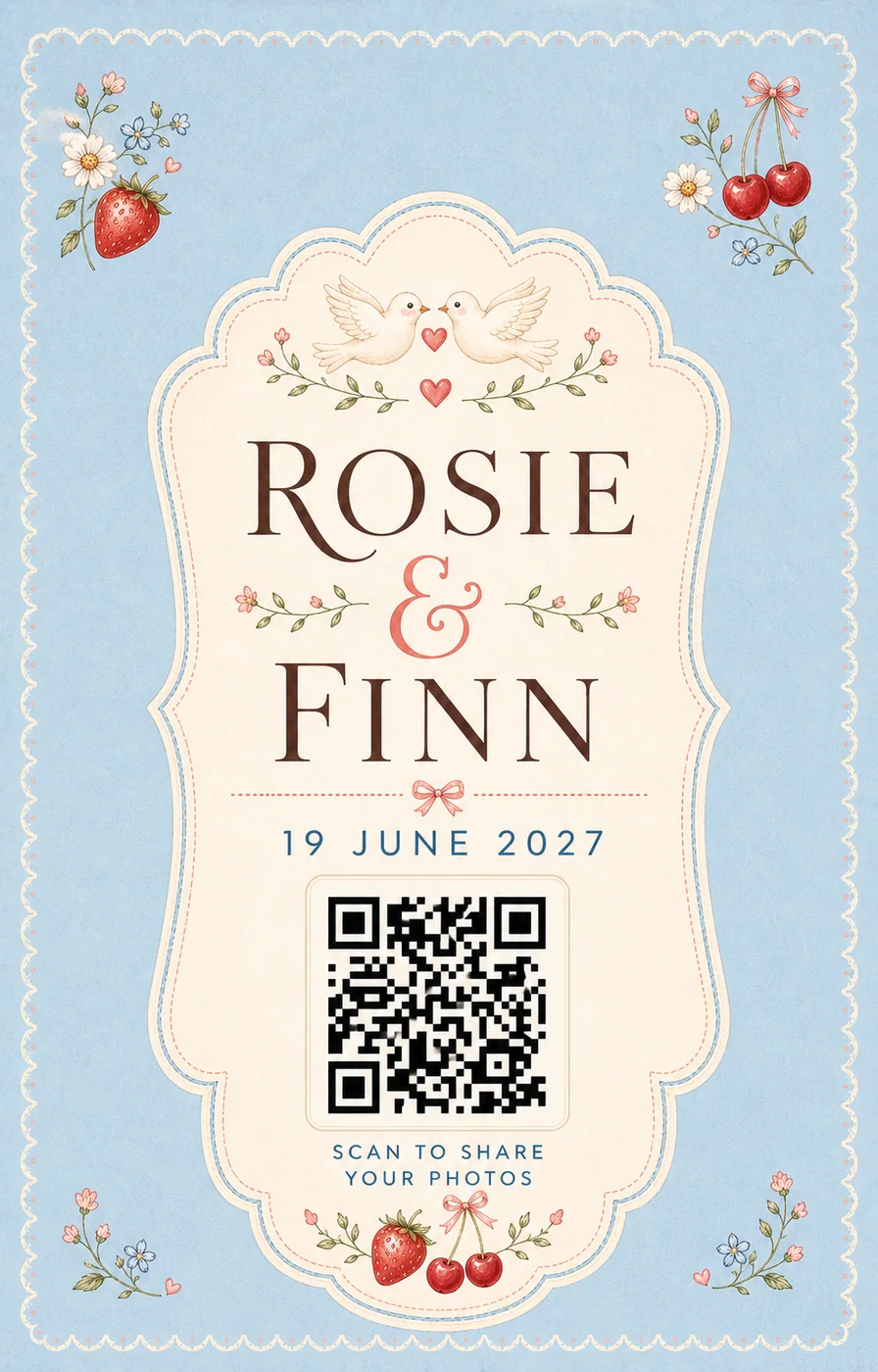 Playful blue wedding QR card personalised for Rosie and Finn
