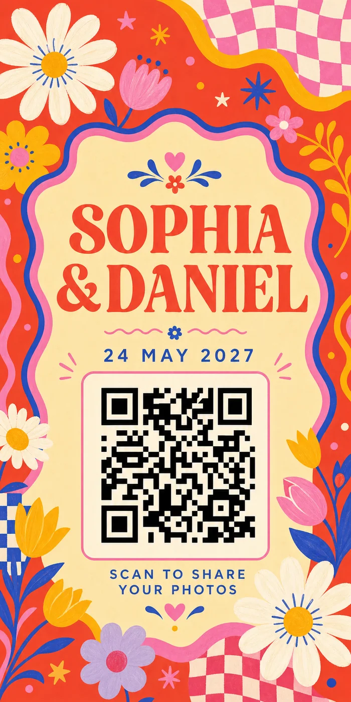 Colourful floral wedding QR card personalised for Sophia and Daniel