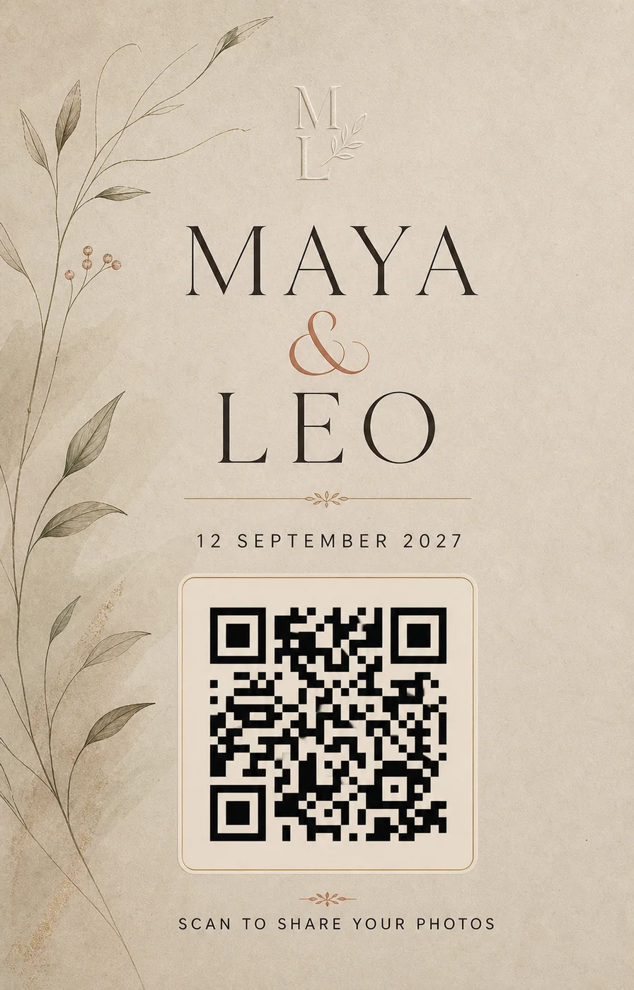 Minimal botanical wedding QR card personalised for Maya and Leo