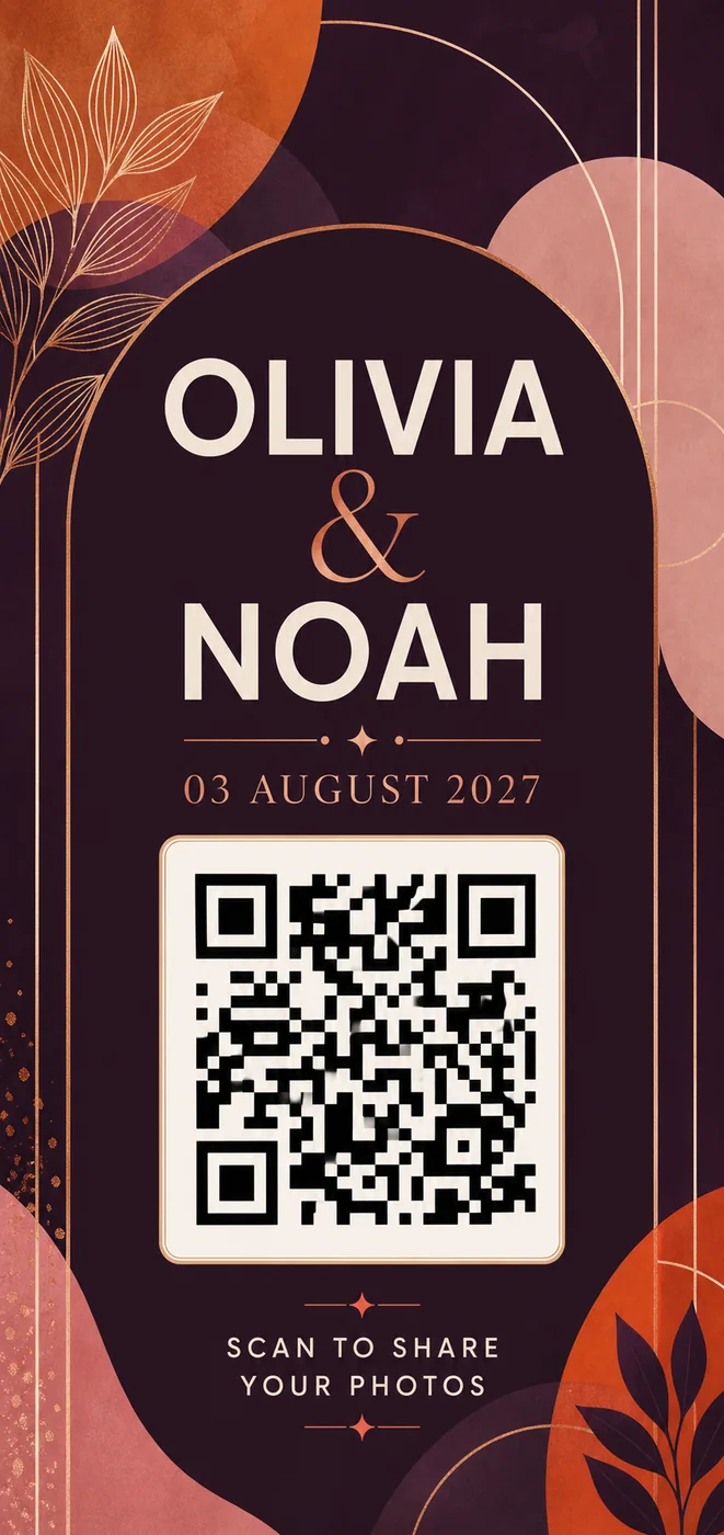 Modern aubergine wedding QR card personalised for Olivia and Noah