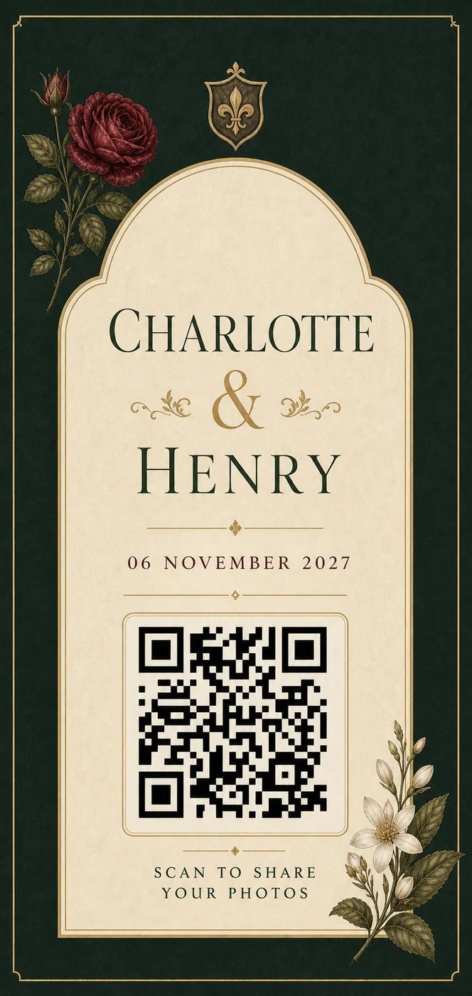 Traditional forest green wedding QR card personalised for Charlotte and Henry