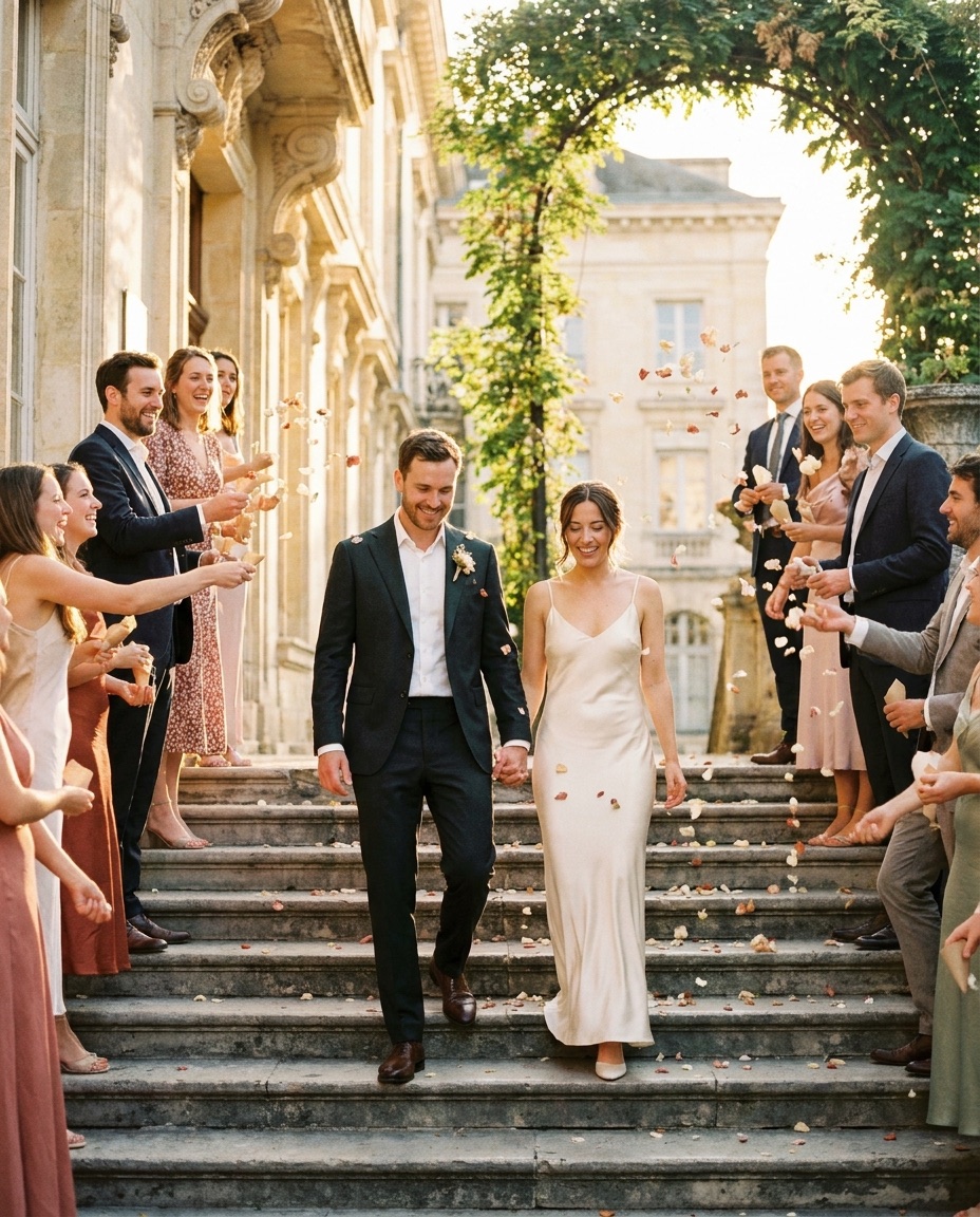 Just-married couple walking down city hall steps through confetti