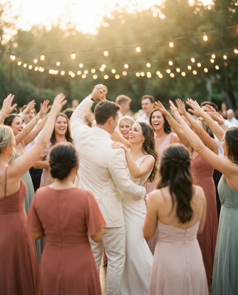 Crowded wedding dance floor under warm string lights