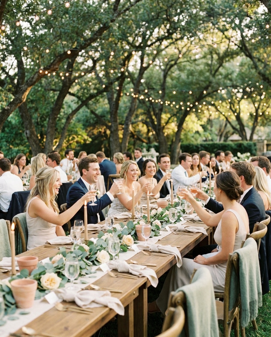 Guests raising glasses at a garden wedding reception under fairy lights
