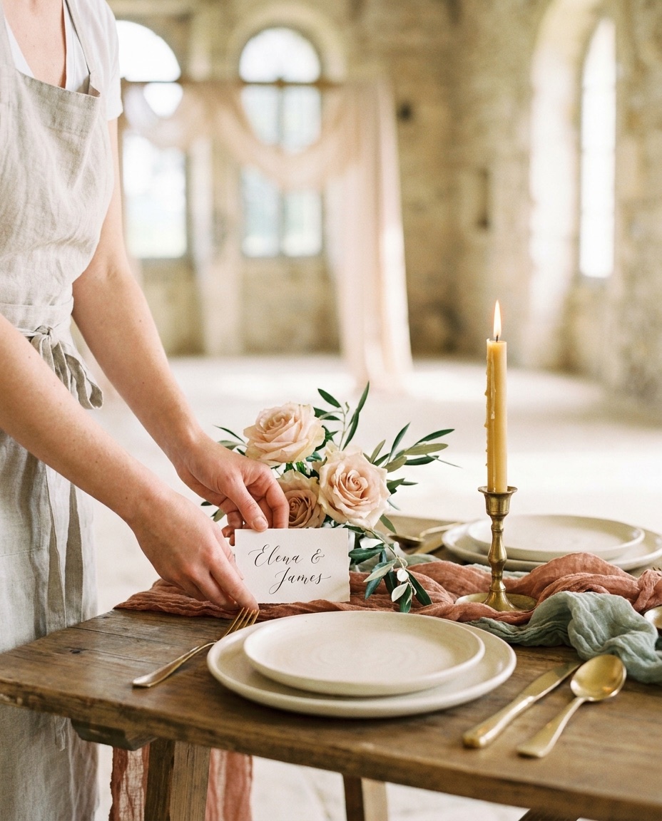 Wedding planner styling an elegant reception tablescape