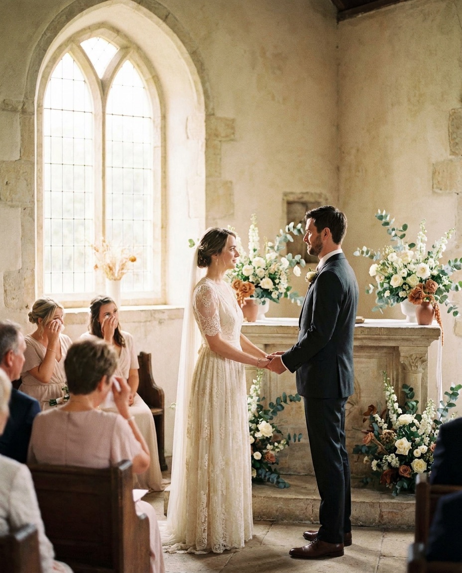 Bride and groom exchanging vows at a chapel altar