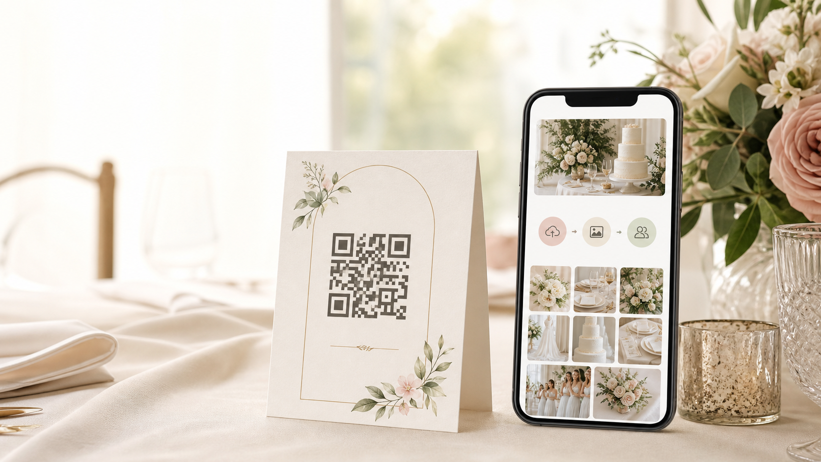 Wedding table card with a QR code next to a phone gallery