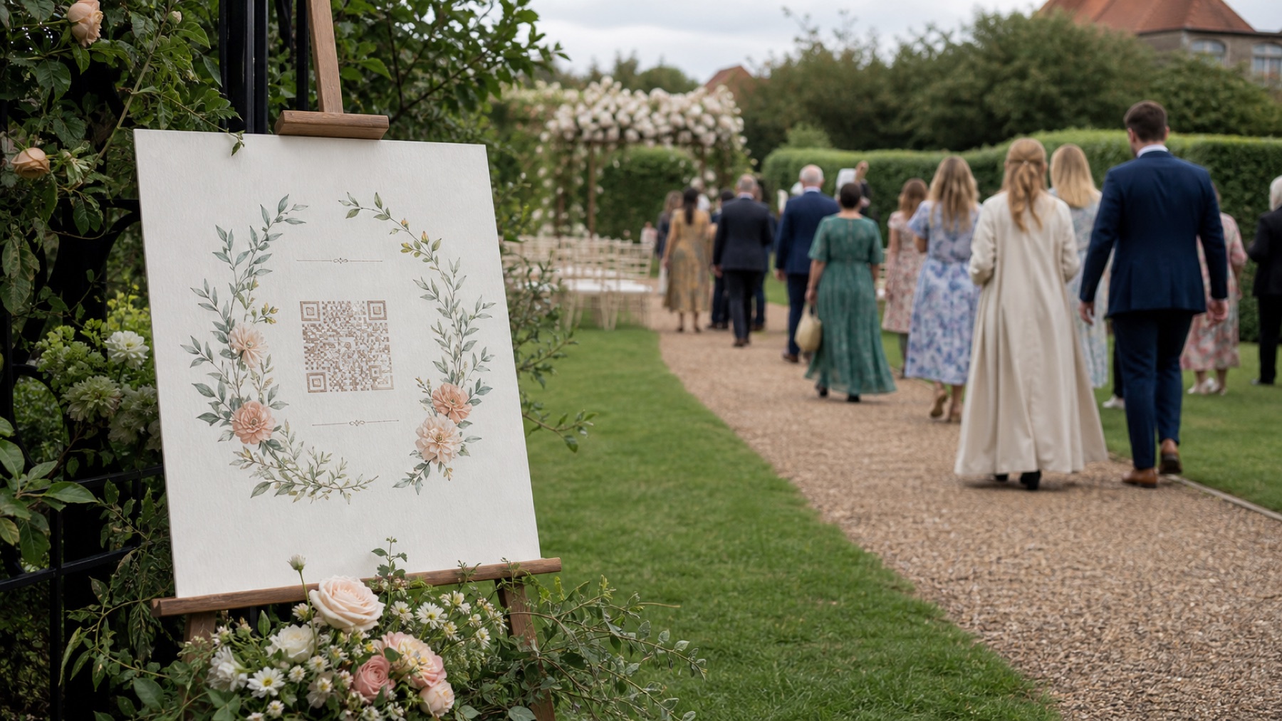 A wedding QR welcome sign beside the entrance to a garden ceremony