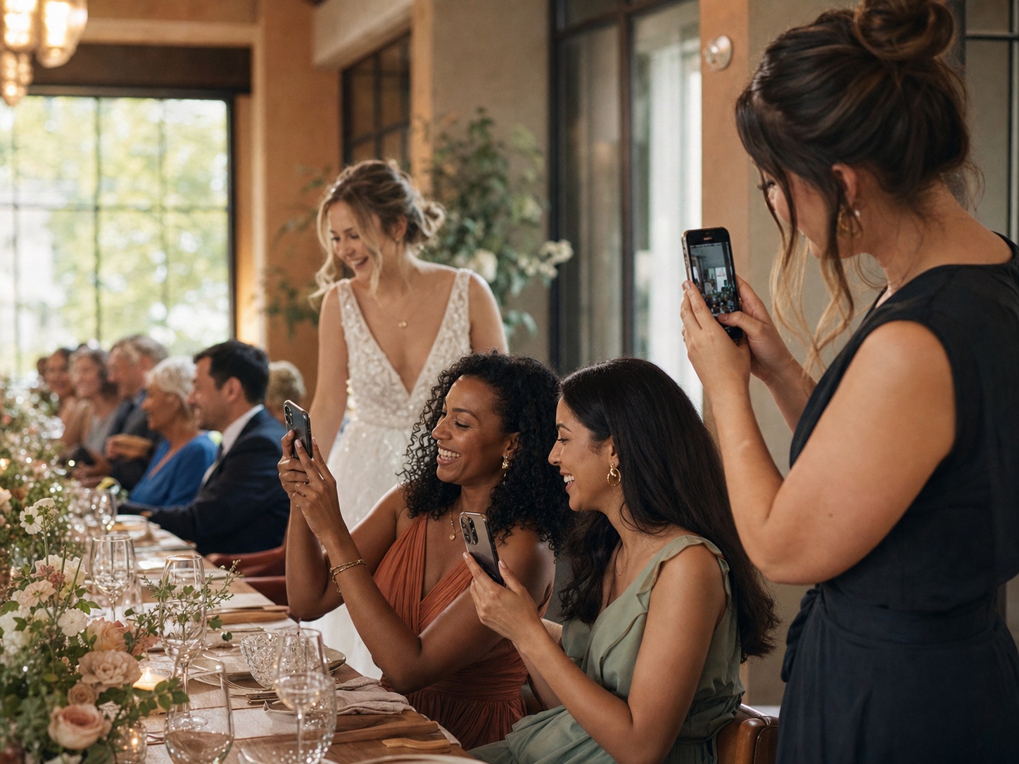 A wedding content creator filming discreetly while guests capture candid phone photos at the reception