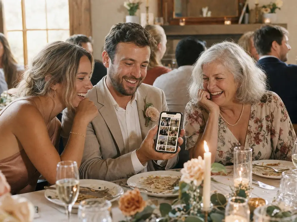 Wedding guests sharing phone photos together during the reception