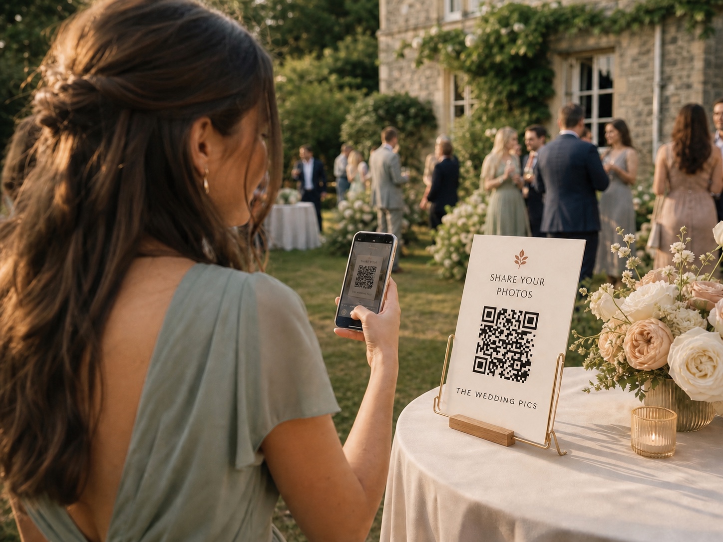 A wedding guest scanning a QR code to share her photos