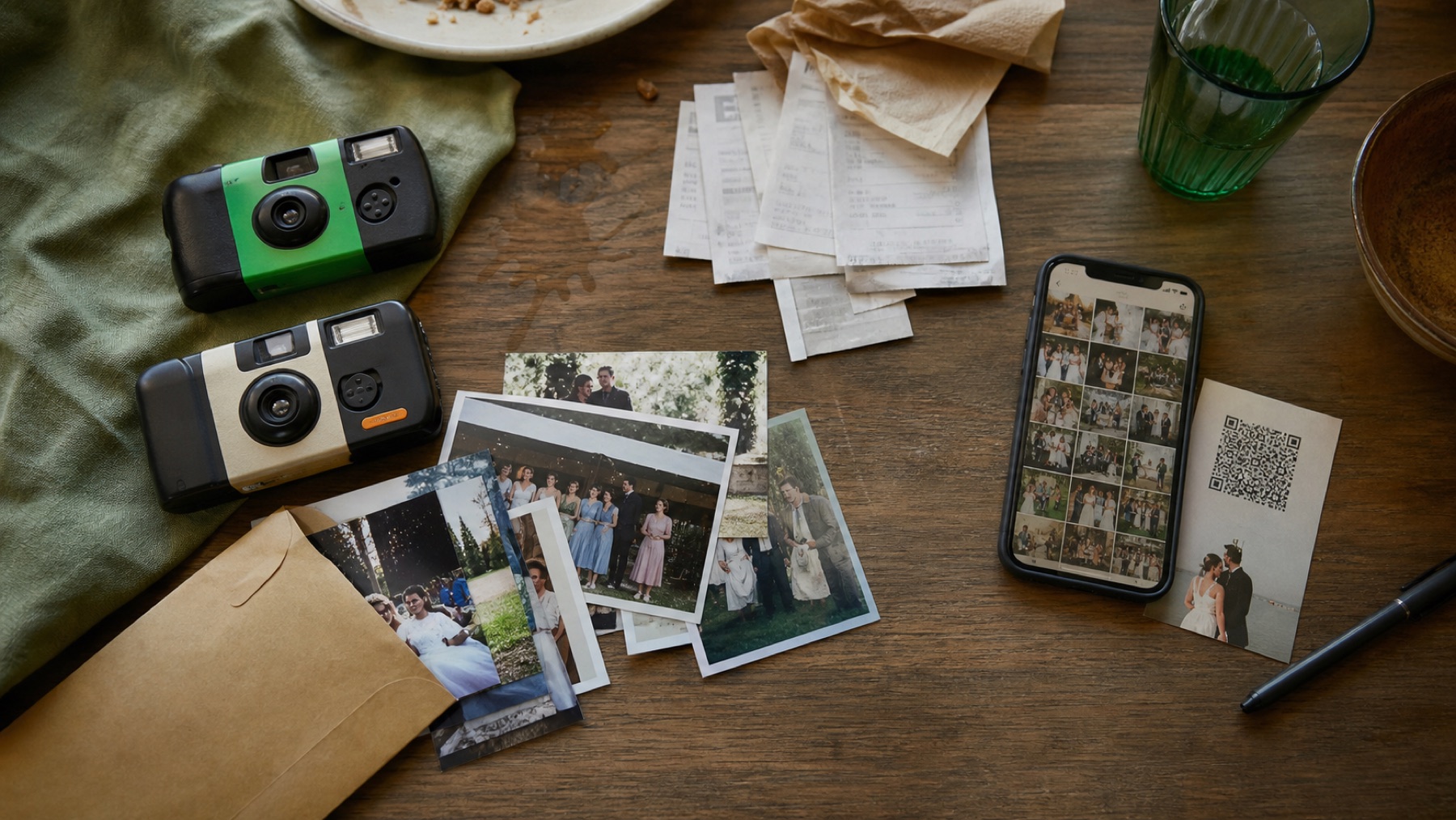 Fotocamere usa e getta, stampe di matrimonio sviluppate, un telefono e una scheda QR disposti uno accanto all'altro