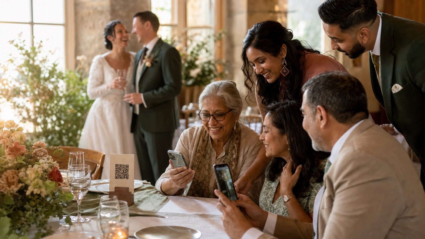 Wedding guests using one private QR upload route during the reception