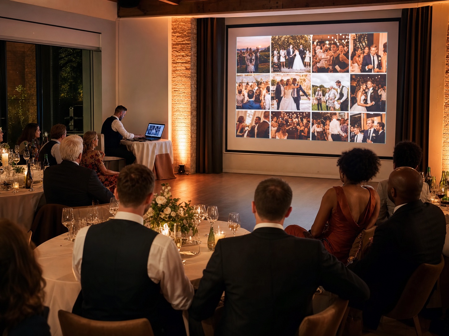 Los invitados a la boda disfrutan de una presentación de diapositivas de fotos aprobada mientras un amigo de confianza revisa las cargas cercanas