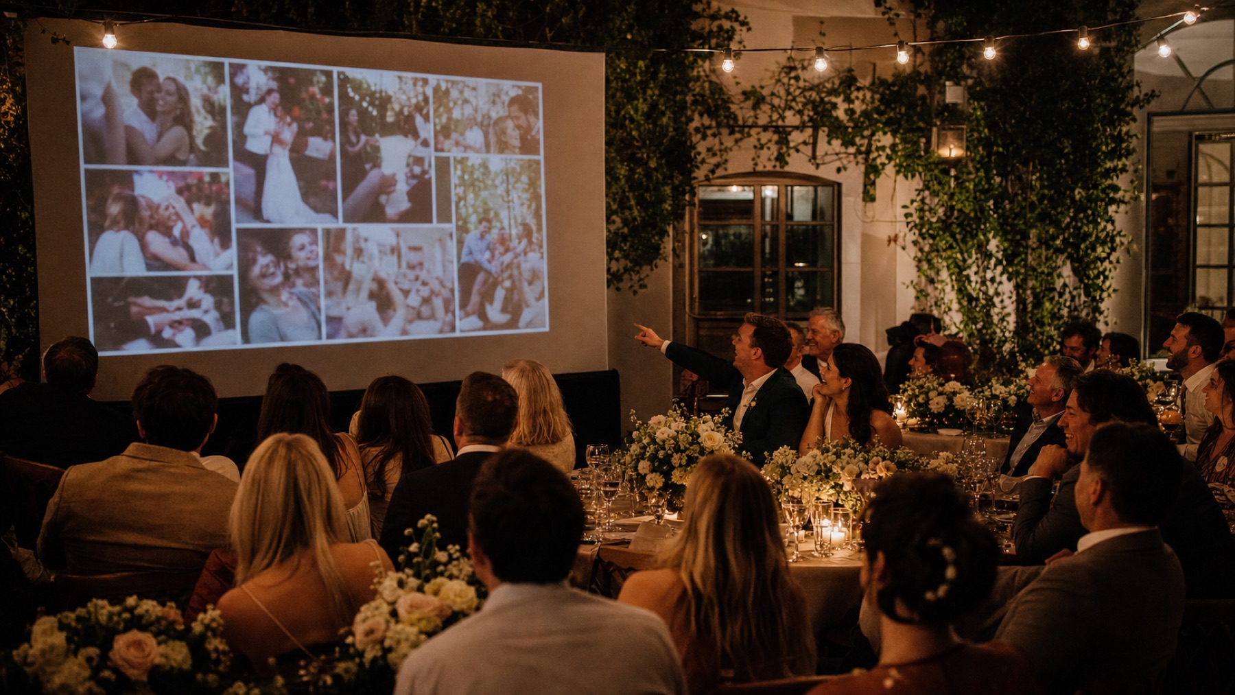 A couple's monogram displayed on a screen at a wedding reception