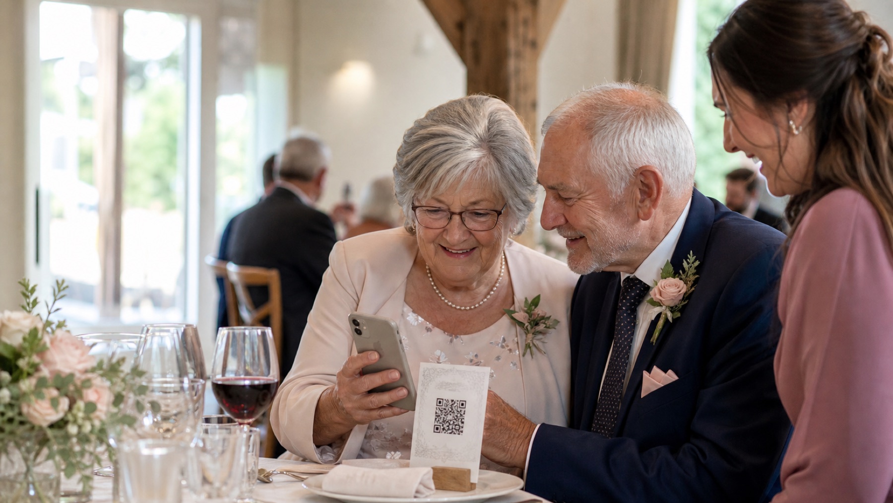 Los invitados mayores a la boda escanean juntos con confianza una tarjeta de mesa QR