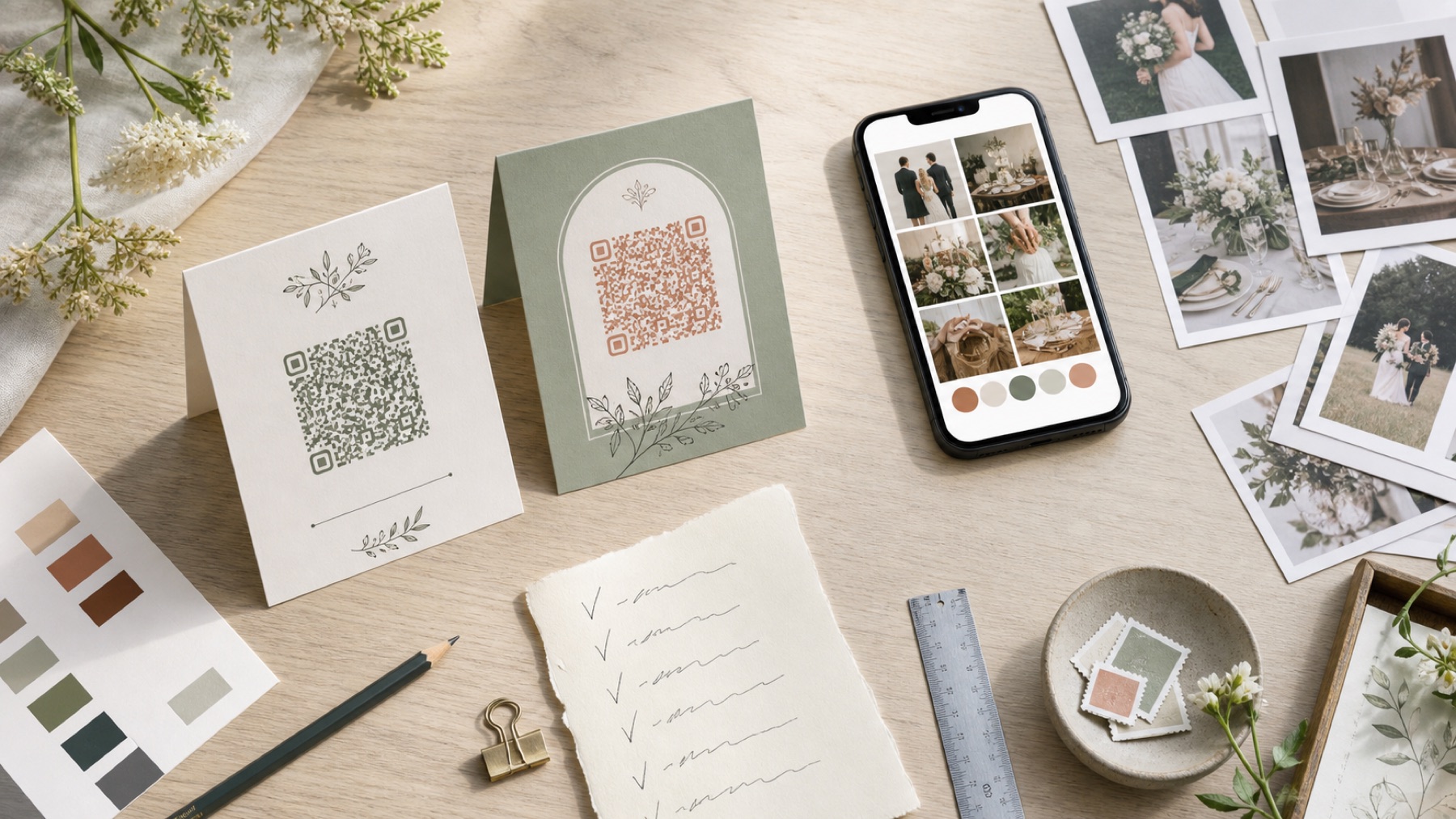 Wedding QR cards, print tests and a phone gallery arranged on a planning table