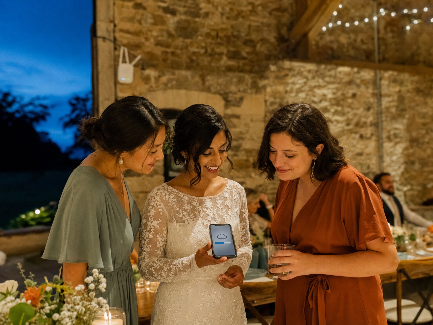 A bride and friends calmly uploading wedding photos from their phones inside a countryside venue