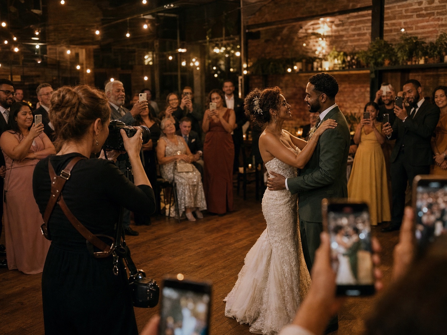 A professional wedding photographer covering the first dance while guests take phone photos
