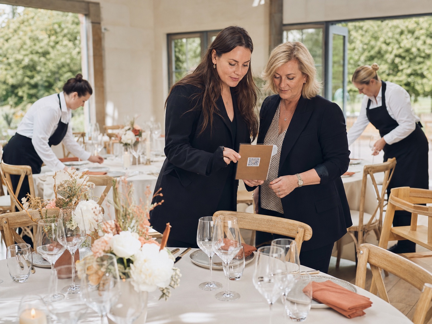 A wedding planner and venue manager checking a guest photo QR card before the reception