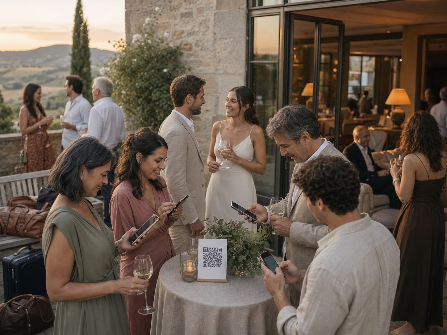 Gli ospiti del fine settimana del matrimonio condividono le foto del telefono durante un rilassato drink di benvenuto